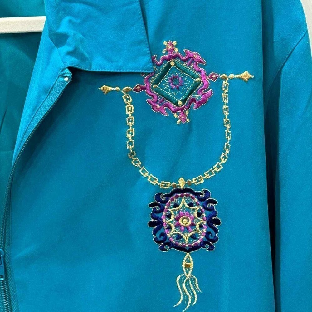 Saint Germain Paris Jacket M Blue Silk Embroidered Coat Vtg 90s Coastal Grandma‎